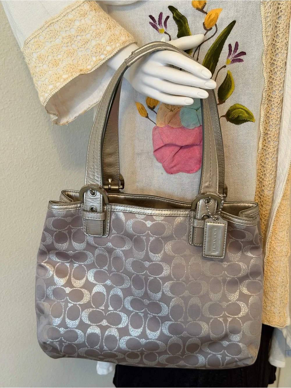 Coach Silver Signature Jacquard Shoulder Tote Free Coachie tag